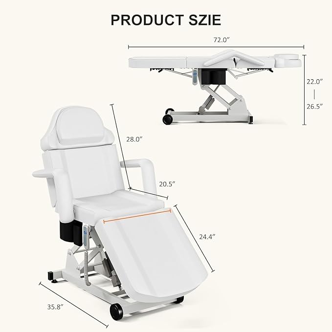 Icoget Electric Tattoo Chairs, Esthetician Facial Bed and Stool, Spa Massage Table for Beauty Microblading, Wax, Lash Chair for Eyelash, White