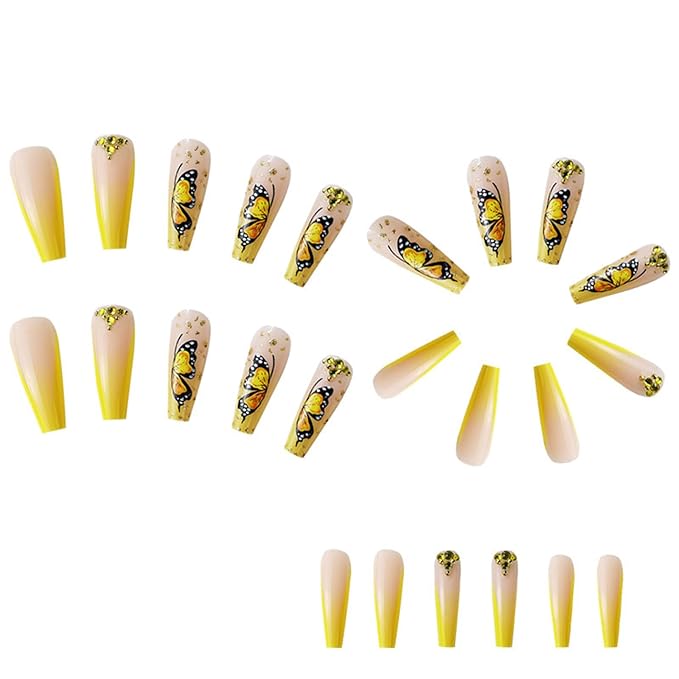 Extra Long Coffin Glue on Nails French Tip Press on Nails Long Yellow Gradient False Nails with Rhinestones Glitter Design Cute Butterfly Fake Nails Glossy Acrylic Nails Press ons for Girls 24Pcs
