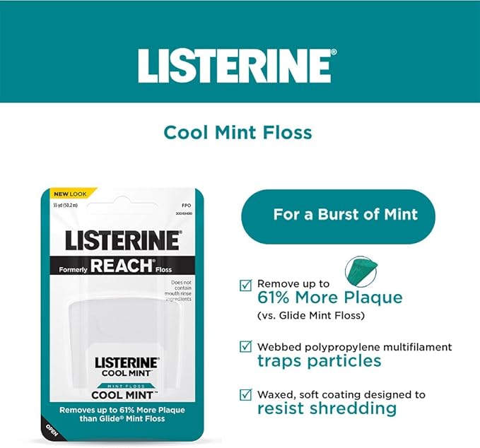 Listerine Cool Mint Interdental Floss for a Cleaner, Healthier Mouth, Oral Care, 55 Yards (Pack of 12)