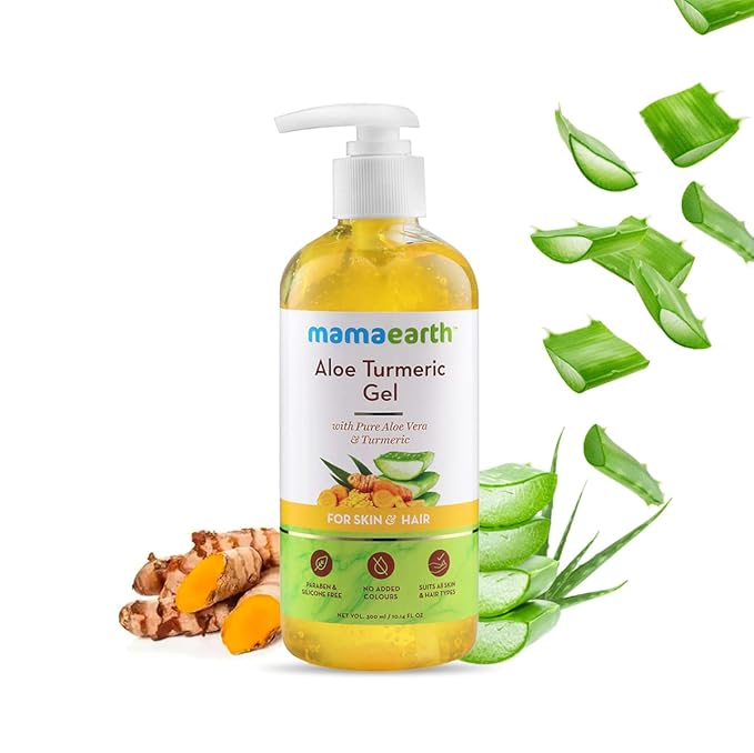 Mamaearth Aloe Turmeric Gel for Healthy Skin & Hair | Reduces Sunburn, Acne, & Dandruff | Hydrates Dry Hair & Nourishes Scalp | Paraben-Free | 10.14 Fl Oz (300ml)