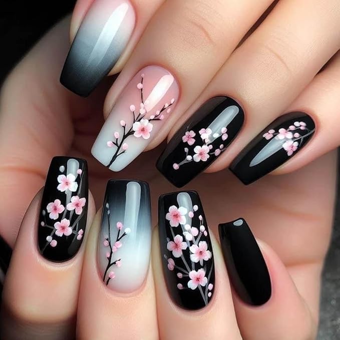 Spring Press on Nails Medium Coffin Shape Fake Nails with Black and Pink Cherry Blossom Designs Gradient Ombre Flower Glue on Nails Glossy Finish Artificial Nails for Women Girls, 24Pcs