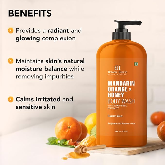 Botanic Hearth Mandarin Orange & Honey Body Wash | Shower Gel 16 Fl Oz With Lemon Peel Extract | Sulfate & Paraben | Free, Gentle Cleansing & Radiant Glow