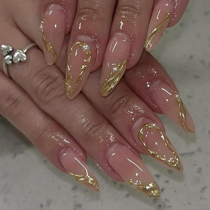 24Pcs Gold French Tip Press on Nails Medium Almond Fake Nails with 3D Gilding Frame Designs Irregular Gold False Nail Full Cover Stick Glue on Nails Beads Pearl Charms Nude Acrylic Nails for Women