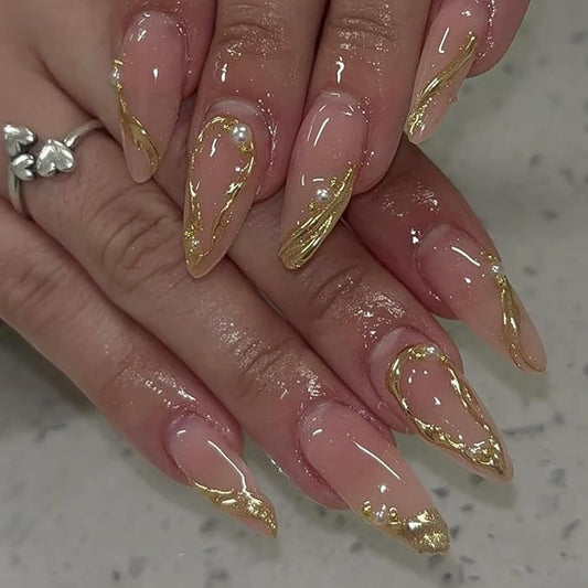 24Pcs Gold French Tip Press on Nails Medium Almond Fake Nails with 3D Gilding Frame Designs Irregular Gold False Nail Full Cover Stick Glue on Nails Beads Pearl Charms Nude Acrylic Nails for Women