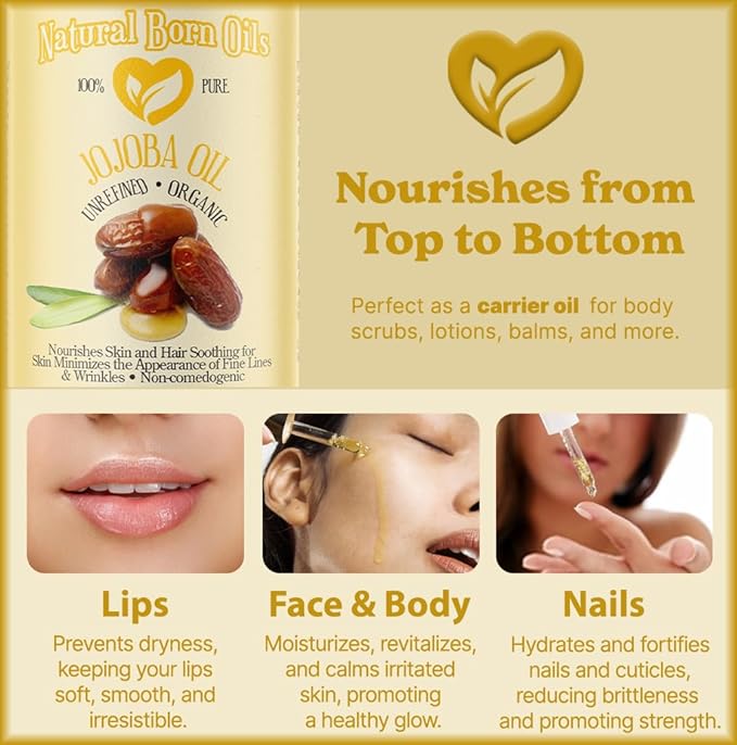 Natural Born Oils Jojoba Oil, 1 Gallon, Organic, Cold-Pressed, Vitamin-Rich, Deep Skin Hydration, Hair Revitalization