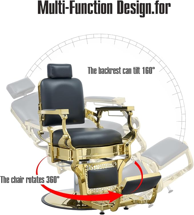 FRNIMAC Heavy Duty Barber Chair, All Purpose Vintage Style Mens Barber Chair Hydraulic Recline Salon Chair Barbershop Equipment for Beauty Spa Tatoo Massage, Weight Capacity 700lbs (Black-Golden)