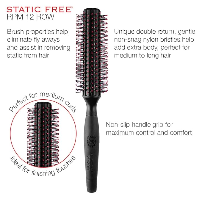 Cricket Static Free RPM 12 Row Round Hair Brush - Curling, Blow Drying, Detangling and Styling Wet or Dry, Suitable for All Hair Types