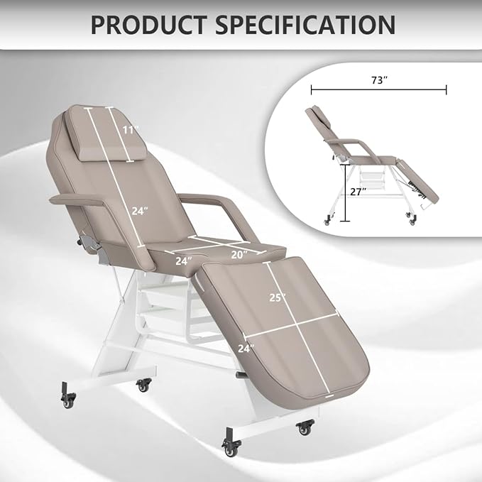 Facial Chair with Wheel Tattoo Bed with Stool for Client Beauty Artist Spa Bed Removable Headrest for Esthetician Gray