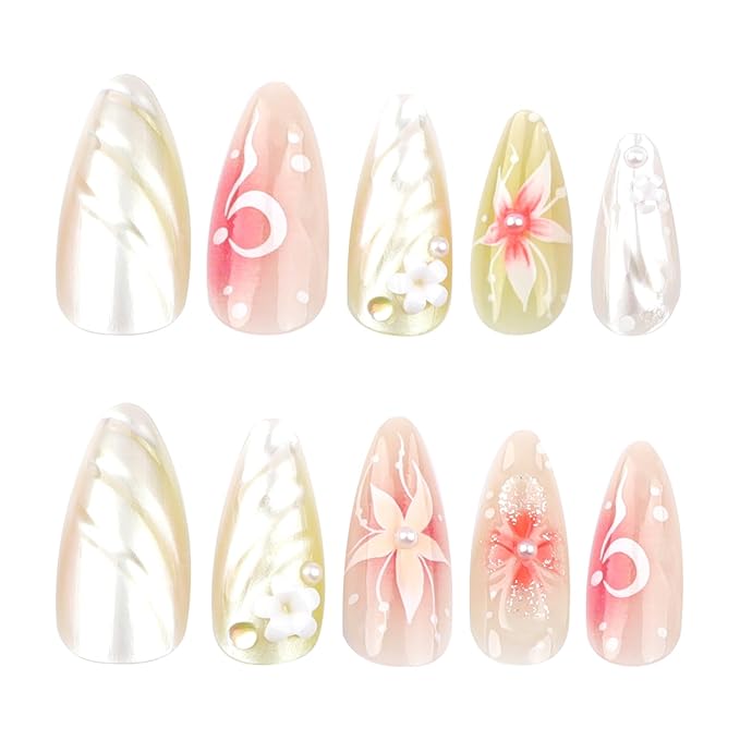3D Handmade Spring & Summer Pink Press On Nails Almond Medium 24 Pcs, 3D Flowers Designer Reusable Acrylic Fake Nails with Glue, Party And Daily wear Nails for Women Gift