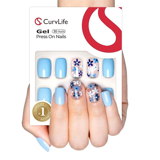Curvlife Soft Gel Nails 30Pcs 15 Sizes Nail Tips, Full Cover Blue Flower Short Design For Press on Nails, Reusable Gel Nails Kit with Glue and Adhesive Tabs