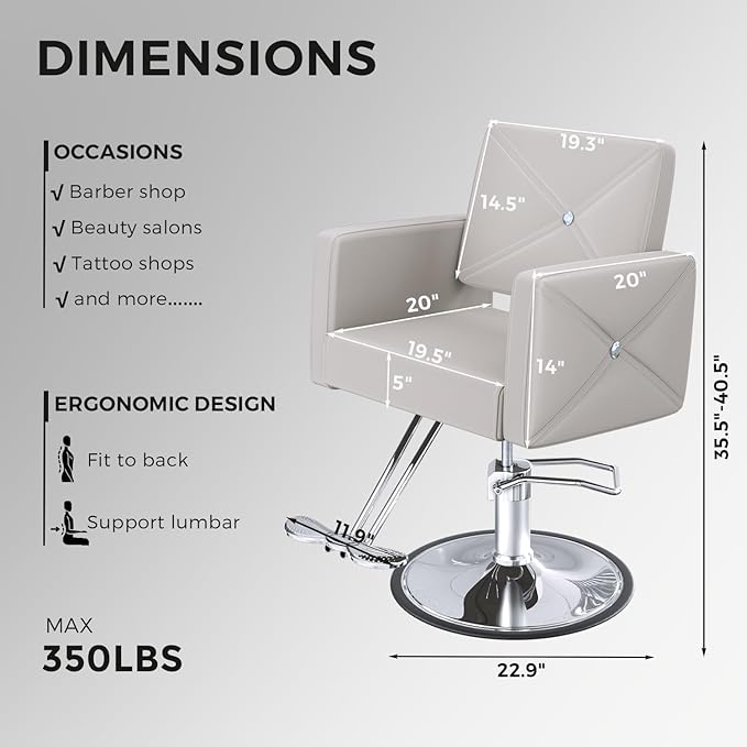 Barber Salon Chair for Hair Stylist with 350Lbs Heavy-Duty Hydraulic Pump, 360° Swivel Hair Styling Chair, Adjustable Height Hairdresser Braider Chairs for Beauty Salon, Tattoo, Spa, Light Gray