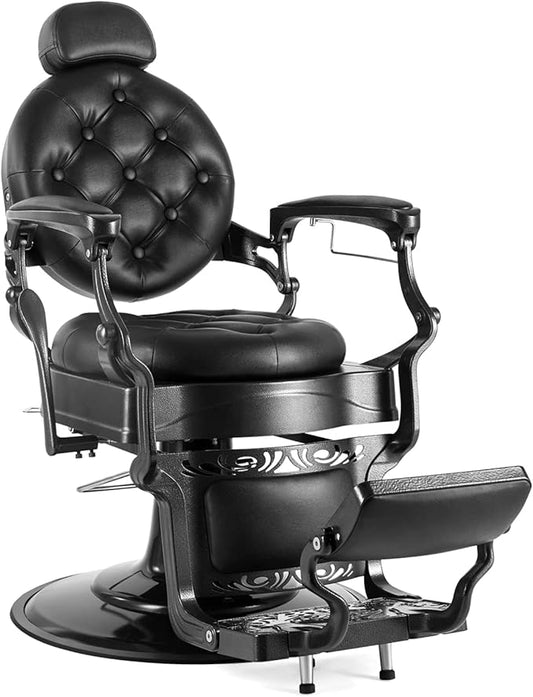 OmySalon Vintage Barber Chair All Purpose Heavy Duty, Hydraulic Recline Salon Beauty Styling Chair Retro Black, 360 Degree Swivel for Hair Stylist Tattoo, Round Base, Tufted Button