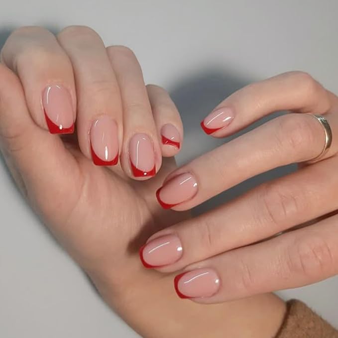 Modelones Press on Nails, Red Chrome French Short Square Fake Nails, Deep Pink Reusable Nail Kit with Nail Glue Adhesive Tabs Mini Nail File, Nails Press Ons 32Pcs16 Sizes, Christmas