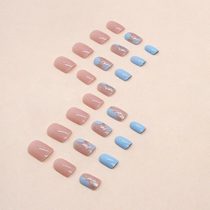 24Pcs Nude Blue Press on Short Square Fake Nails with Glitter Gold Foil False Nails Glossy Acrylic Artificial Short Glue on Nails for Women Girls DIY French Stick on Nails Decorations