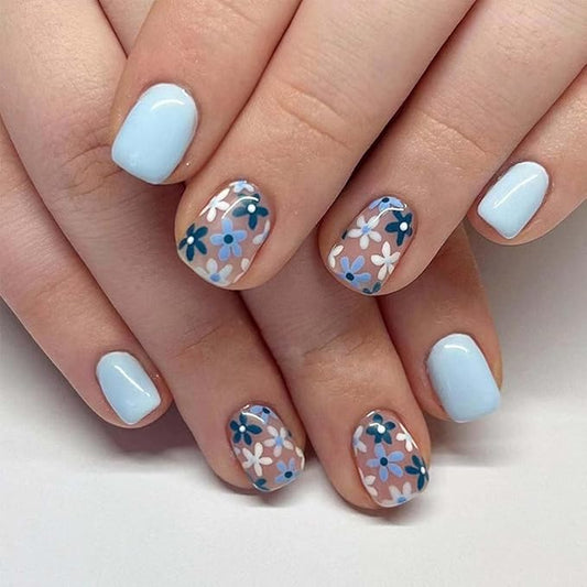 Blue Flowers Press on Nails Square Short Fake Nails Short False Nails Glossy Full Cover Stick on Nails Acrylic Artificial Nails Spring Floral Glue on Nails Artificial Nails for Women 24Pcs