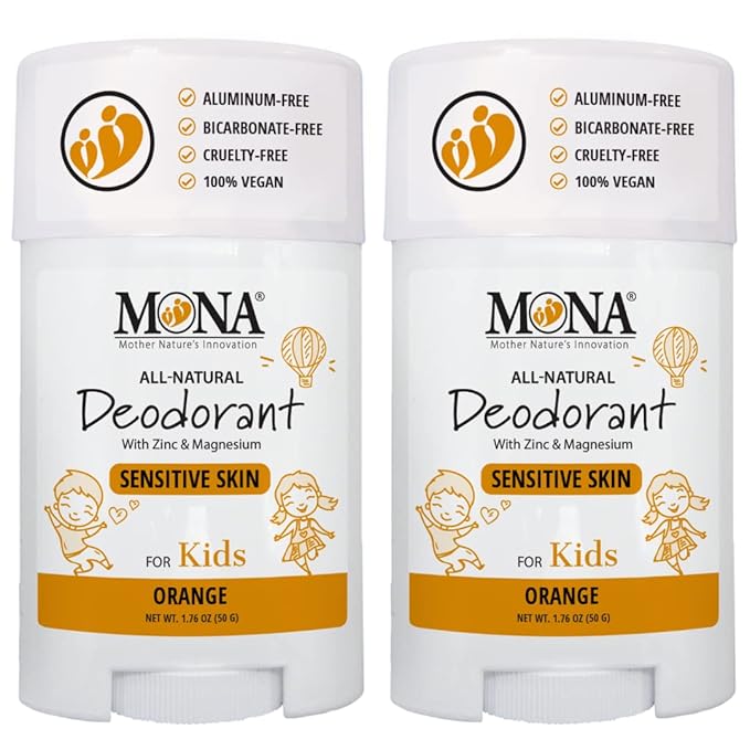 MONA 100% Natural Deodorant for Kids | Safe For Girls & Boys with Sensitive Skin | Baking Soda Free, Aluminum Free | Vegan, Non-GMO, Gluten and Cruelty free (2-PK ORANGE 1.76 Oz each)