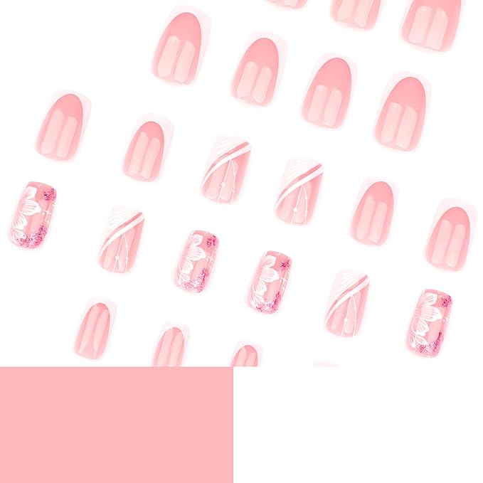 White French Tip Press on Nails Square Medium Fake Nails Flowers False Nails Pink Glossy Full Cover Acrylic Nail Floral Artificial Stick on Nail for Women Manicure DIY