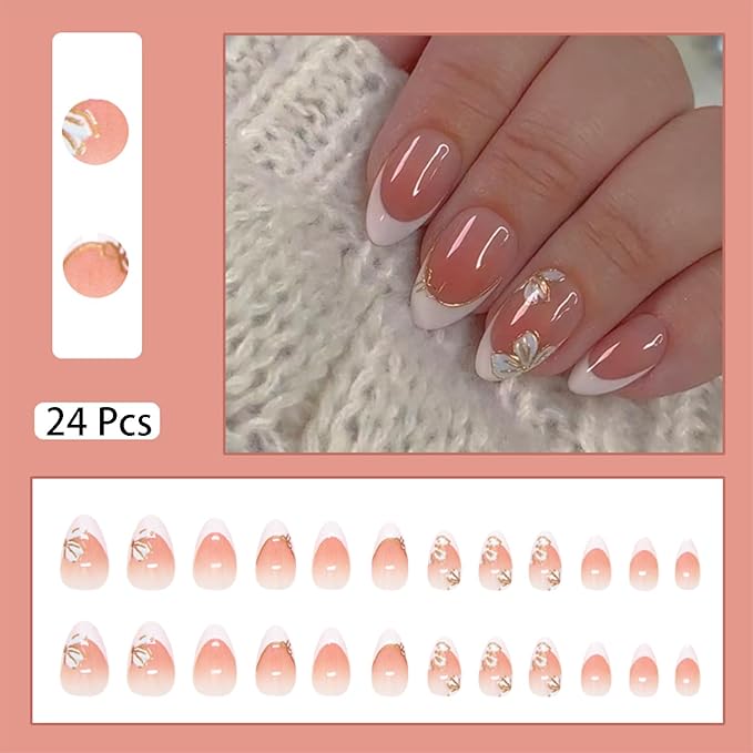 24pcs White French Tip Press on Nails Short Almond Fake Nails with Designs Flower False Nails Bow Acrylic Nails Glue on Nails Summer Floral Full Cover Stick on Nails for Women Nail Decoration