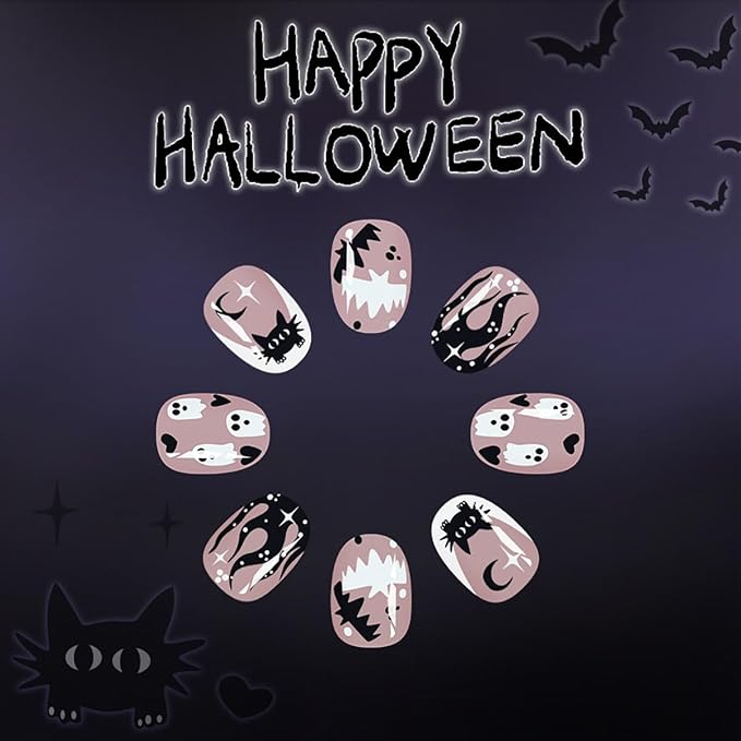 Short Almond Press on Nails Halloween Fake Nails White French Tips False Nails Ghost Love Bat Moon Black Flame with Star Design Glossy Full Cover Stick on Nail for Women Decor Nail Art Kit