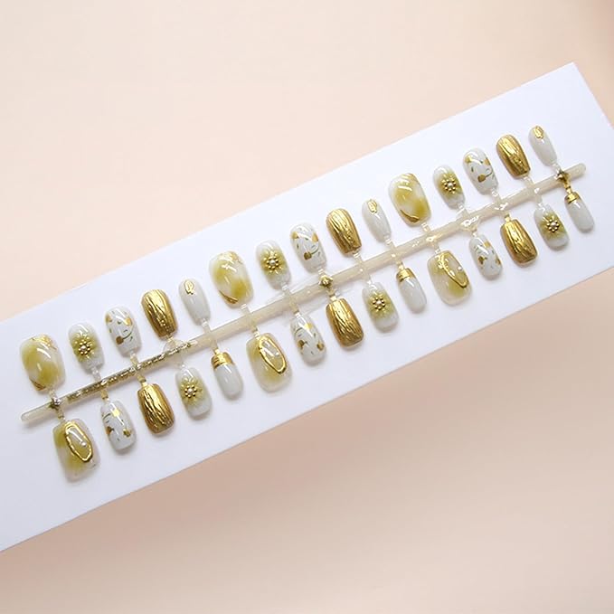 3D Flower Press on Nails Short Square Acrylic False Nails 24Pcs Curve Line Stick on Nails Glossy Gold Gradient Fake Nails Green Leaves Gel Glue on Nails for Coquette Women Girls