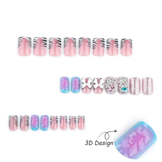 24Pcs Rhinestones Press on Nails Short Square Fake Nails with 3D Silver Butterfly Design Colorful Rhinestones Glue on Nails Cute Bow False Nails French Tip Press ons Stick on Nails for Women Girls