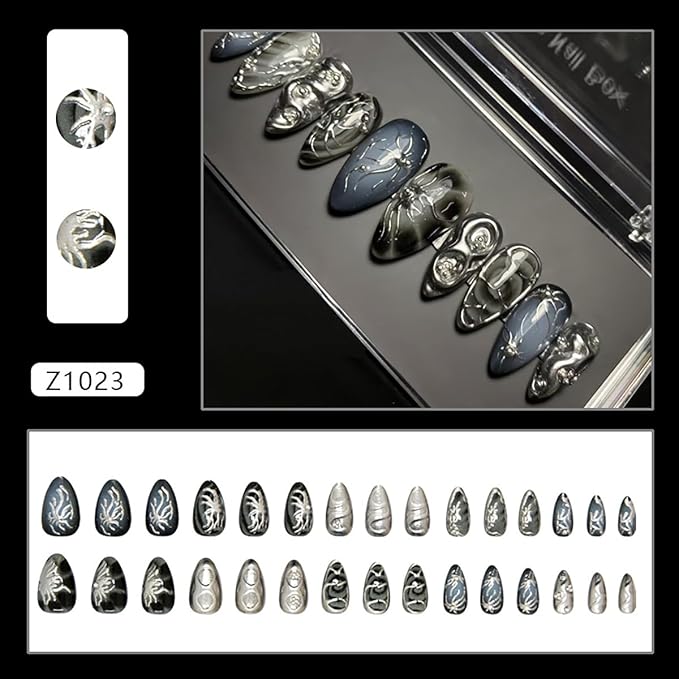 30Pcs Dark Black Press on Nails Medium Almond Fake Nails 3D Metallic with Irregular Lines Design False Nails Shiny Silvery Rhinestones Artificial Nails Full Cover Gothic Stick on Nails for Women Girls