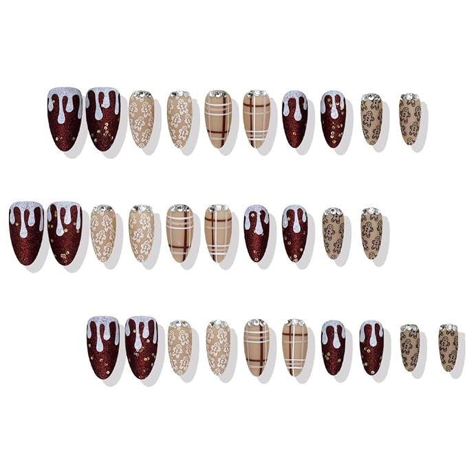 30Pcs Christmas Gingerbread Press on Nails Short Almond Fake Nails Matte Brown Xmas Cartoon Acrylic Nails with 3D Rhinestones Glitter Artificial False Nail Full Cover Glue on Nails for Women