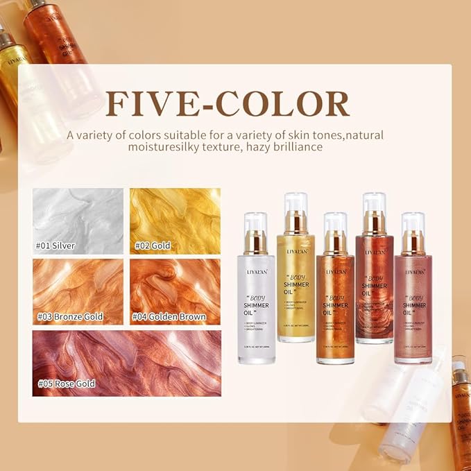 Liyalan Shimmer Body Oil Bronze Gold 5 Color Bronze 3.38 Fl Oz Face Glow Pearl Highlighter Illuminator body Makeup Shine Glitter Gold Liquid Taning
