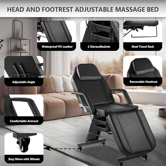 Facial Chair with Wheel Tattoo Chair for Client Beauty Chair Artist Spa Bed Removable Headrest for Client, Esthetician, Artist, Lash Bed Black