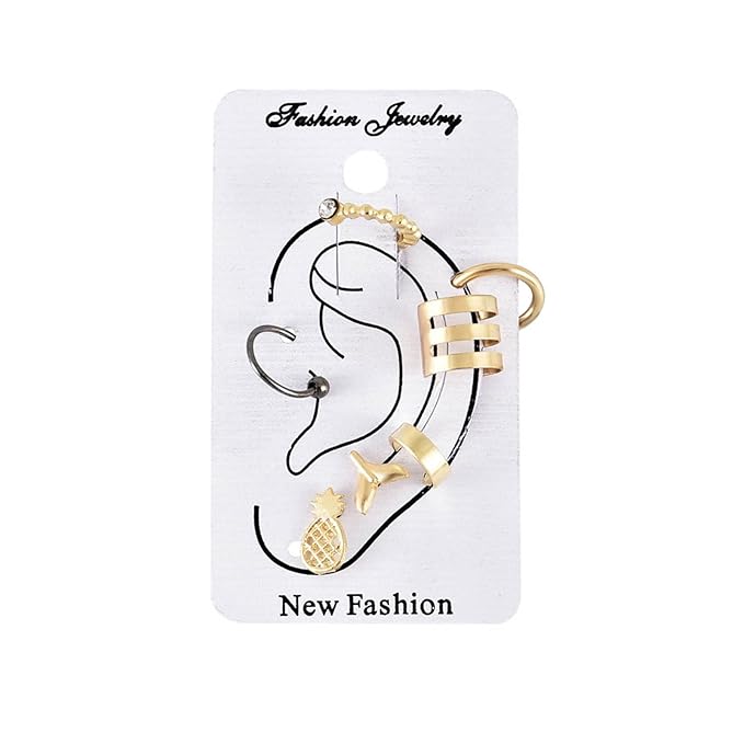 Bohemia Pineapple Mermaid Tail Studs Earrings Gold Wide Cuff Earrings Fake Helix Ear Cuff Earrings Gold Cartilage Clip on Wrap Earrings Non pierced Multiple Earrings Set Set for Women and Girls