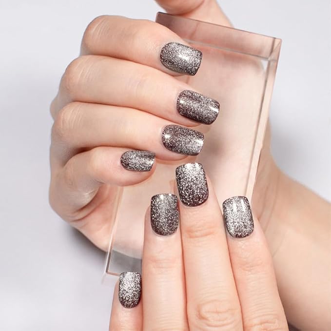 evpct Glitter Pearl Silver Cat Eye Press on Nails Square, Short Square Stick Glue on Nails for Women Gift, Glitter Metallic Shimmer Silver Reusable Gel Press on Acrylic Fake Nail with Designs