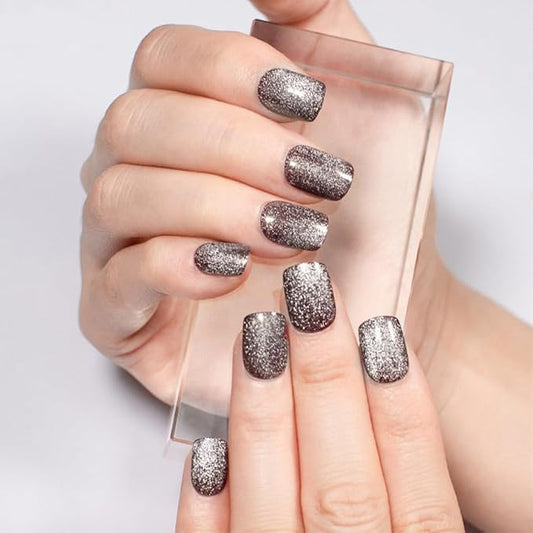 evpct Glitter Pearl Silver Cat Eye Press on Nails Square, Short Square Stick Glue on Nails for Women Gift, Glitter Metallic Shimmer Silver Reusable Gel Press on Acrylic Fake Nail with Designs