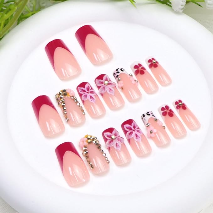 Pink French Tip Press on Nails Medium Square Fake Nails with 3D Flower Rhinestones Designs White Nails Press ons Spring Acrylic Nails for Women 24Pcs