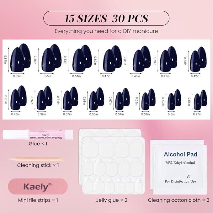 evpct Glossy Press on Nails Short Almond Short for Women, Dark Blue Fake Nail with Glue Salon Quality Reusable Stick on Nails In 15 Sizes 30Pcs Full Cover False Nail Soft Gel Set Kit for Gift, 26