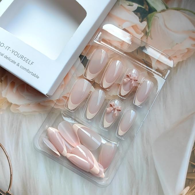 24Pcs Pink French Tip Press on Nails Medium Almond Shaped Fake Nails Cute Bow Charm Design Glue on Nails Reusable Acrylic False Nails Nude Pink Stick on Nails for Women Girls French Stiletto Manicure