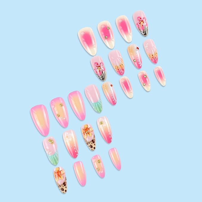 24Pcs Summer Flower Press on Nails Medium Almond Fake Nails with 3D Seashell Designs Pearl Rhinestones Glue on Nails French Tip Acrylic Nails Beach False Nails Hibiscus Flower Stick on Nails for Women