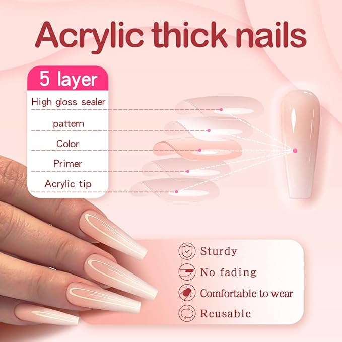Yivaiks Nude Long Press on Nails Coffin Gradual Natural Artificial Nails for Women Fake Nails Kit 24pcs
