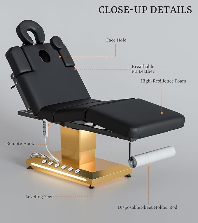Icoget Professional Full Electric Spa Massage Treatment Table, Medical Bed with Independent Leg Adjustment, Facial Bed with Face Cradle for Beauty, Black