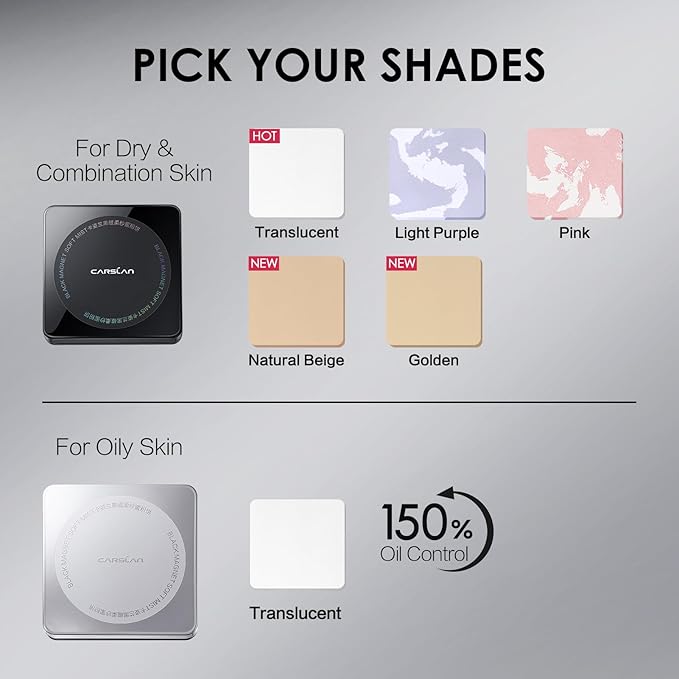 CARSLAN 1.0 Waterproof Face Pressed Powder Compact, 24H Longlasting Oil Control Pressed Setting Powder Talc-Free Makeup, Shine Free, Poreless, Smooth, 01 Golden for dry&com skin (0.28Oz)