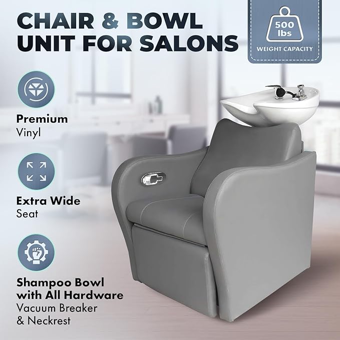 Buy-Rite Lexus Backwash Unit - Professional Salon Shampoo Chair with Extra-Wide Seat, Kick-Out Leg Rest, Tilting Porcelain Bowl, Single-Handle Faucet & Neck Rest, European Style Gray TS-8018B