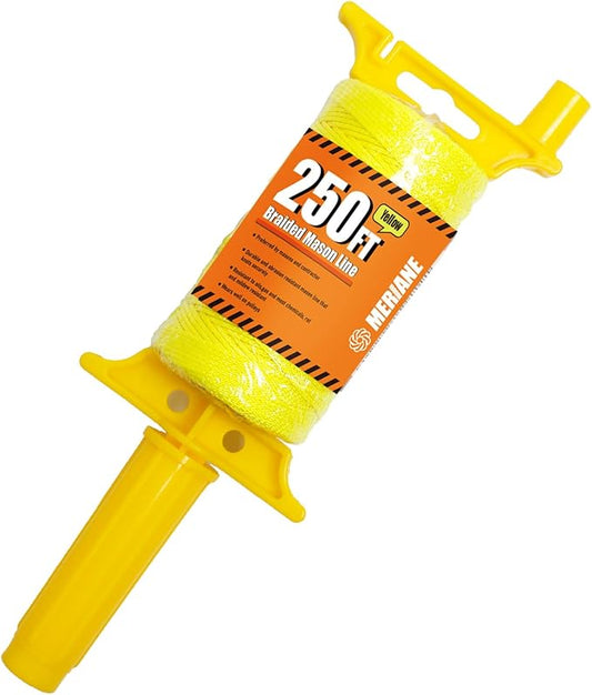 250FT Mason Line w/Reloadable Line Reel, 18# Braided Twine String for Masonry Job, Level Lines in Construction, Gardening, Fluorescent Yellow