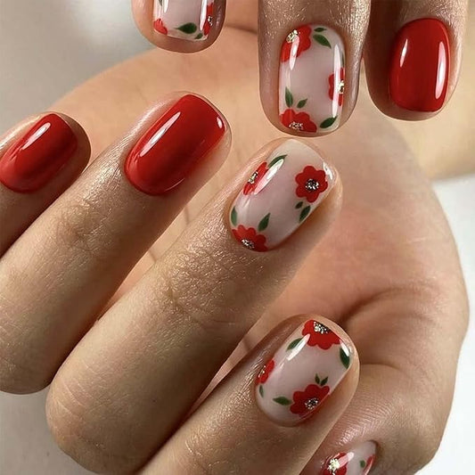 Red Press on Nails Short Square Fake Nails Glitter with Flower Leaf Design Nails Press Ons Floral Full Cover False Nails Acrylic Artificial Nails Glossy Glue on Nails Stick on Nails for Women 24Pcs