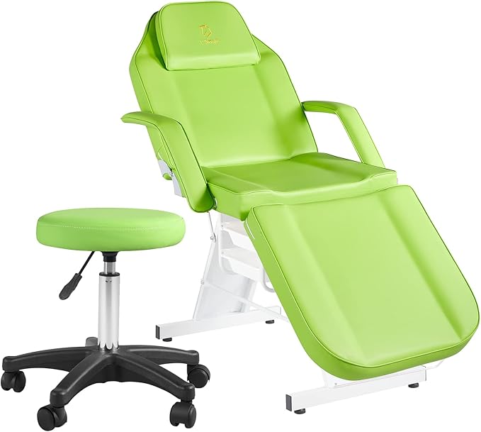Facial Chair Tattoo Chair Massage Table 73 Inch Spa Salon Facial Bed Adjustable Spa Bed Professional Facial Beauty Spa Salon Equipment with Spa Stool Green