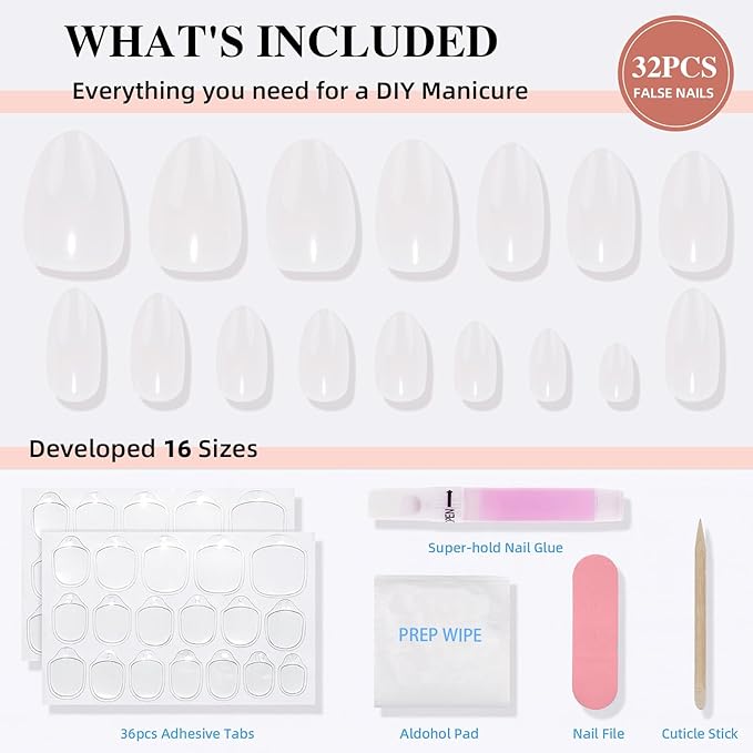 Press on Nails, Short Press on Nails Almond Reusable Glossy White Nails Soft Gel False Nails Press ons for Women, 16 Sizes 32 Count Nails Kit with Glue (SV-06)