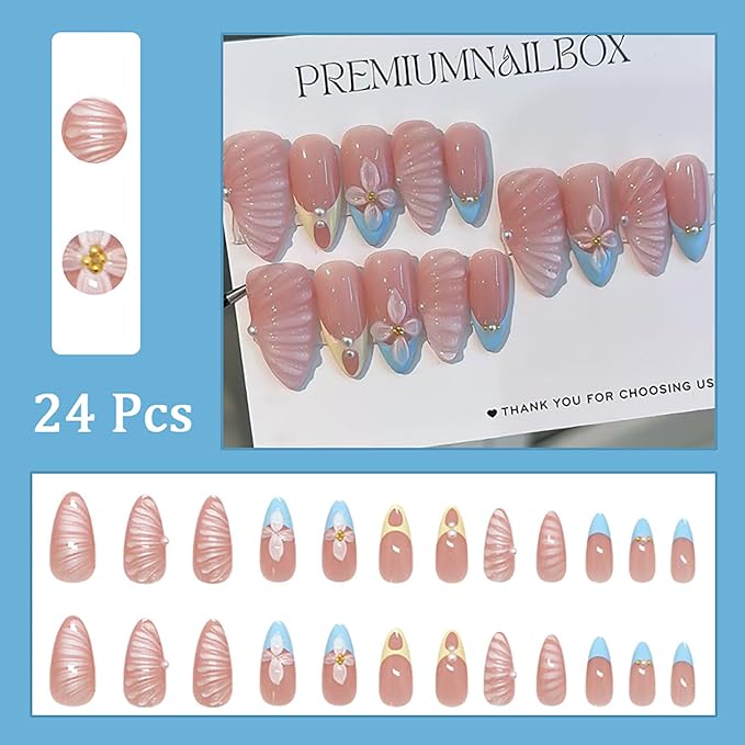 24Pcs Blue French Press on Nails Medium Almond French Tip Fake Nails with 3D Shell Pattern Fall Flower False Nails Gold Beads Pearl Glue on Nails Nude Acrylic Nail Tips for Women Nail Decoration