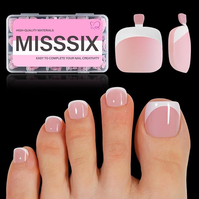 Misssix French Tip Press on Toe Nails, 150Pcs Pink White French Square Toe Nail Tips, Soft Gel False Toenail, Acrylic Soak off Fake Toe Nails for Women Nail Art DIY 15 Sizes