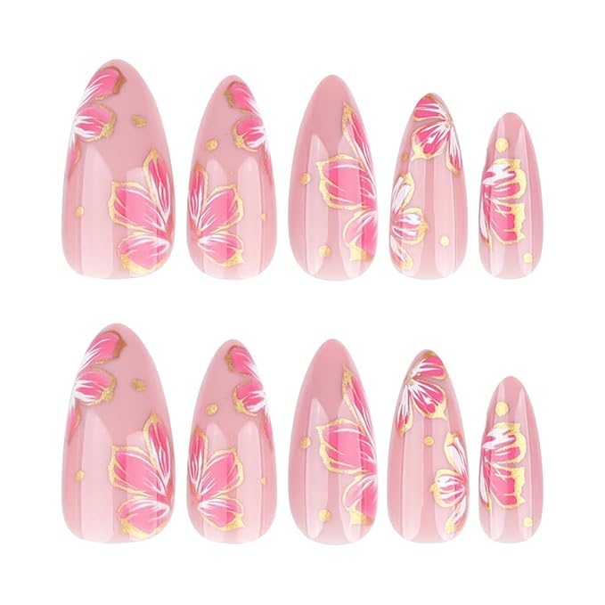 Pink Flower Press on Nails Medium Fake Nails Almond Shape Floral Design with Gold Accents Glue on Nails Spring Summer Artificial Nails Glossy Full Cover Stick on Nails for Women Girls, 24Pcs