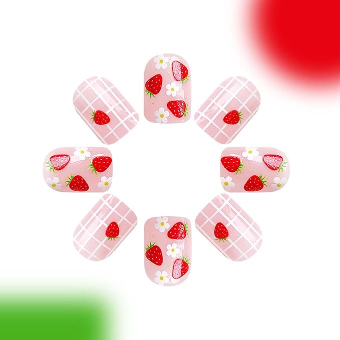 Square Press On Nails Short Fake Nails Strawberry With Flower Plaid Design Spring False Nails Acrylic Artificial Glue On Nails Full Cover Stick On Nails For Women Manicure Art 24pcs