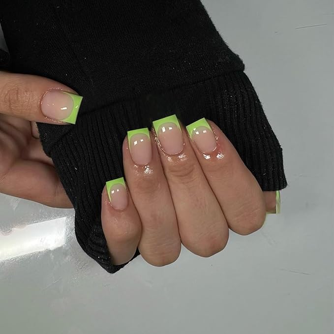30Pcs Neon Green French Tip Press on Nails Short Square Nails Press ons, Short Fake Nails Coffin Acrylic French Glue on Nail False for Women, Natural15 Sizes