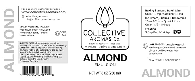 Almond Emulsion for Baking – Natural Flavoring Blend for Cookies, Cakes, Ice Cream, Smoothies, Beverages & More – 8 fl oz Kosher, Pure Almond Emulsion by Collective Aromas Co.